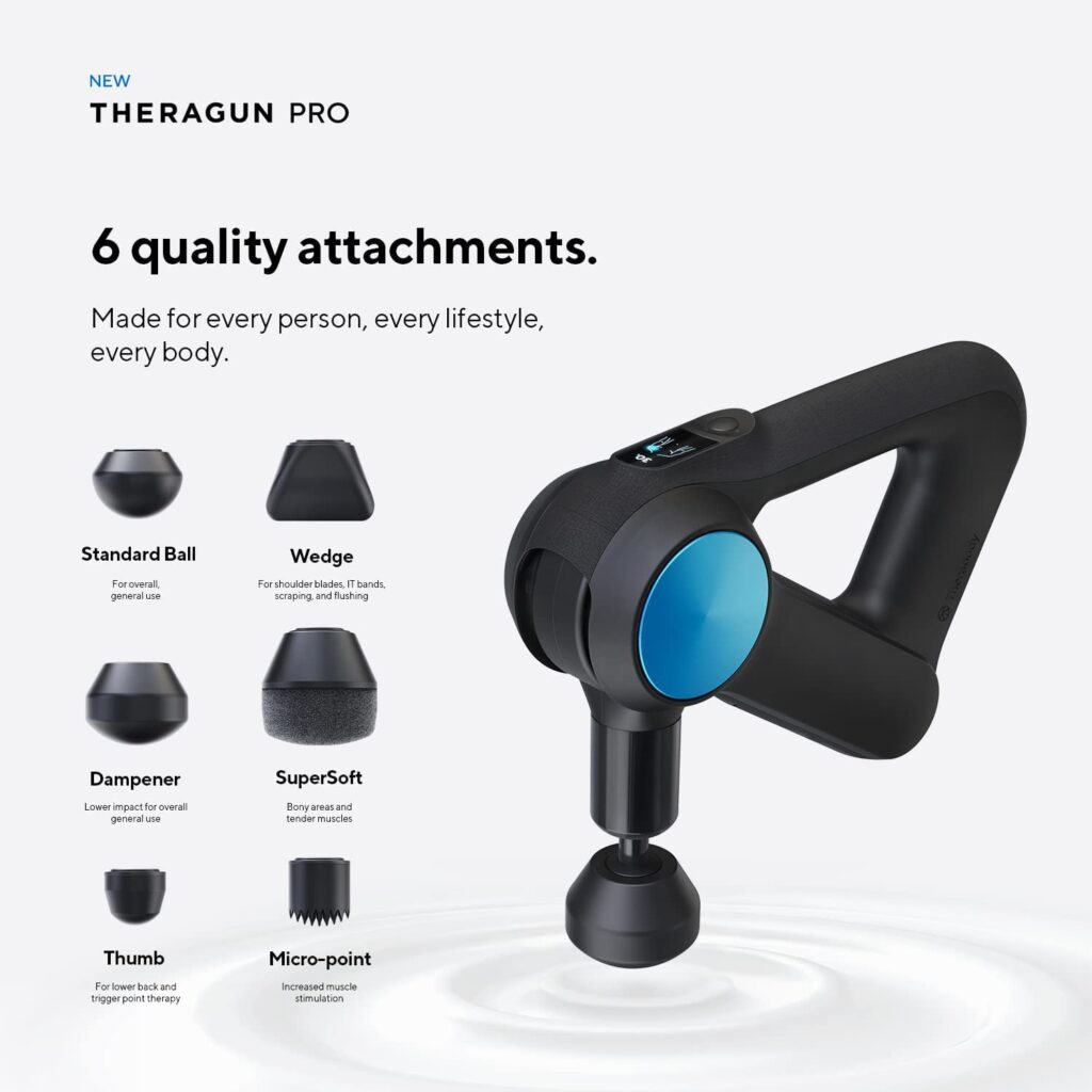 Theragun Pro - Handheld Massage Gun - Bluetooth Enabled Percussion Massage Gun for Pain Relief - Deep Tissue Muscle Massager with Quietforce Technology (Black - 5th Generation) - Attachments